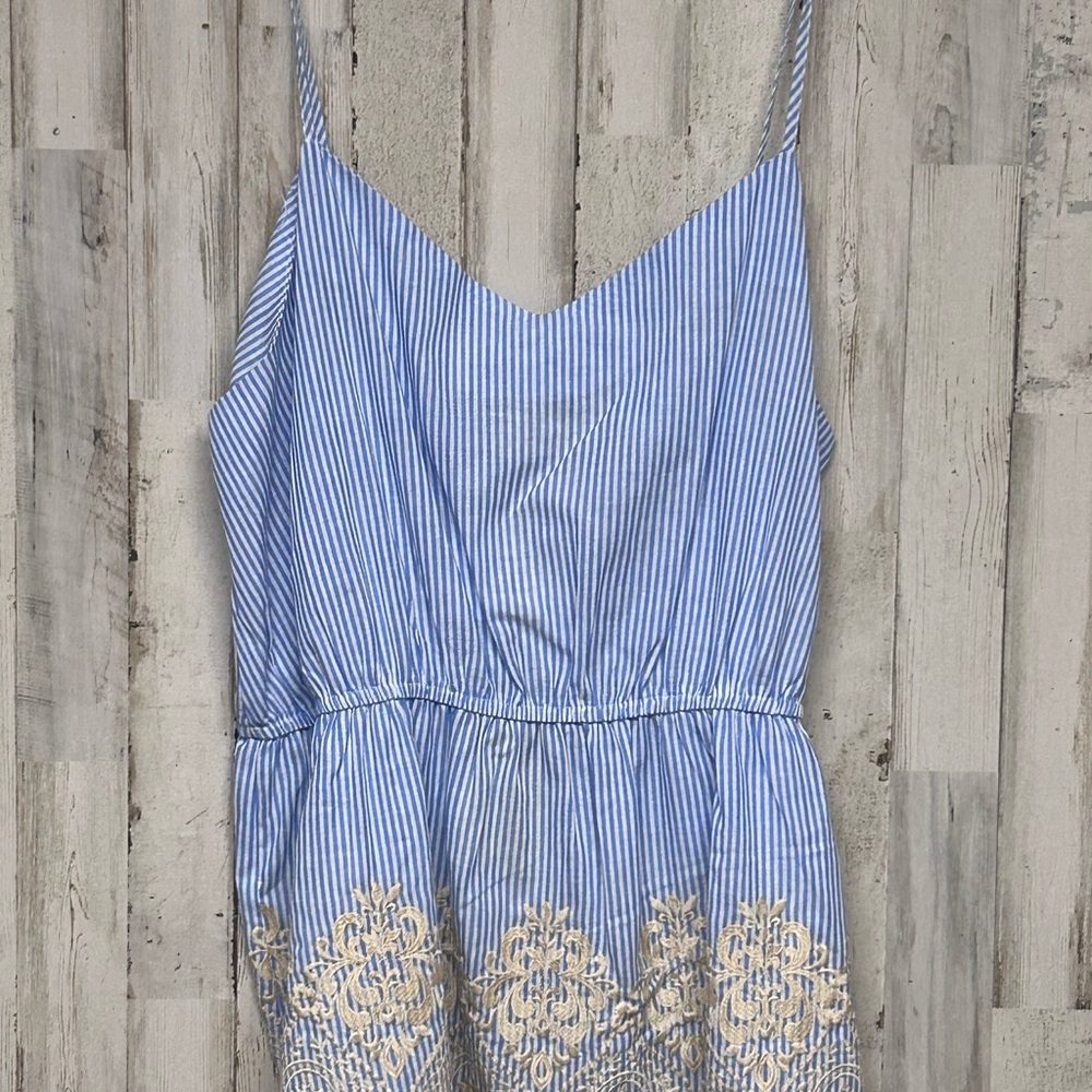 Savanna Jane Blue and White Striped Dress with Cream Embroidery